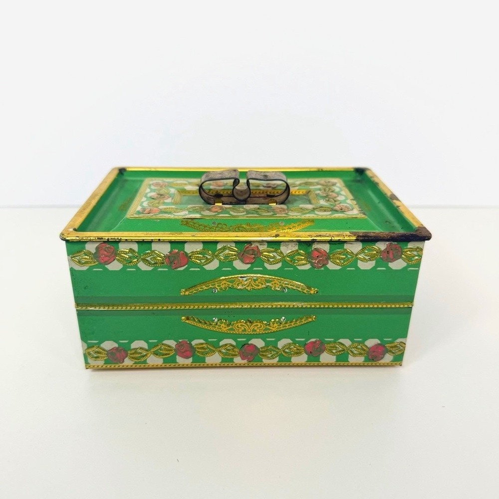 Tin Trinket Box Rusty Green & Gold‎ With Pink Roses Jewelry Box Storage Box